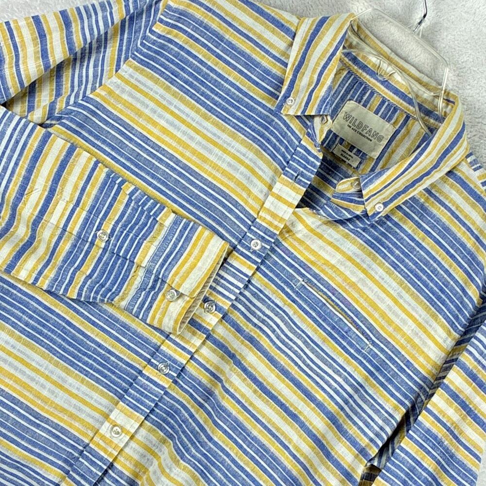 Wildfang Ace Collection Shirt Womens XL Blue Yellow Stripe Linen Blend Preppy